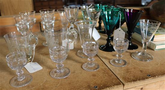 24 early 19C and later table glasses, inc plain, coloured, double measure, toasting, etc & two books on glass